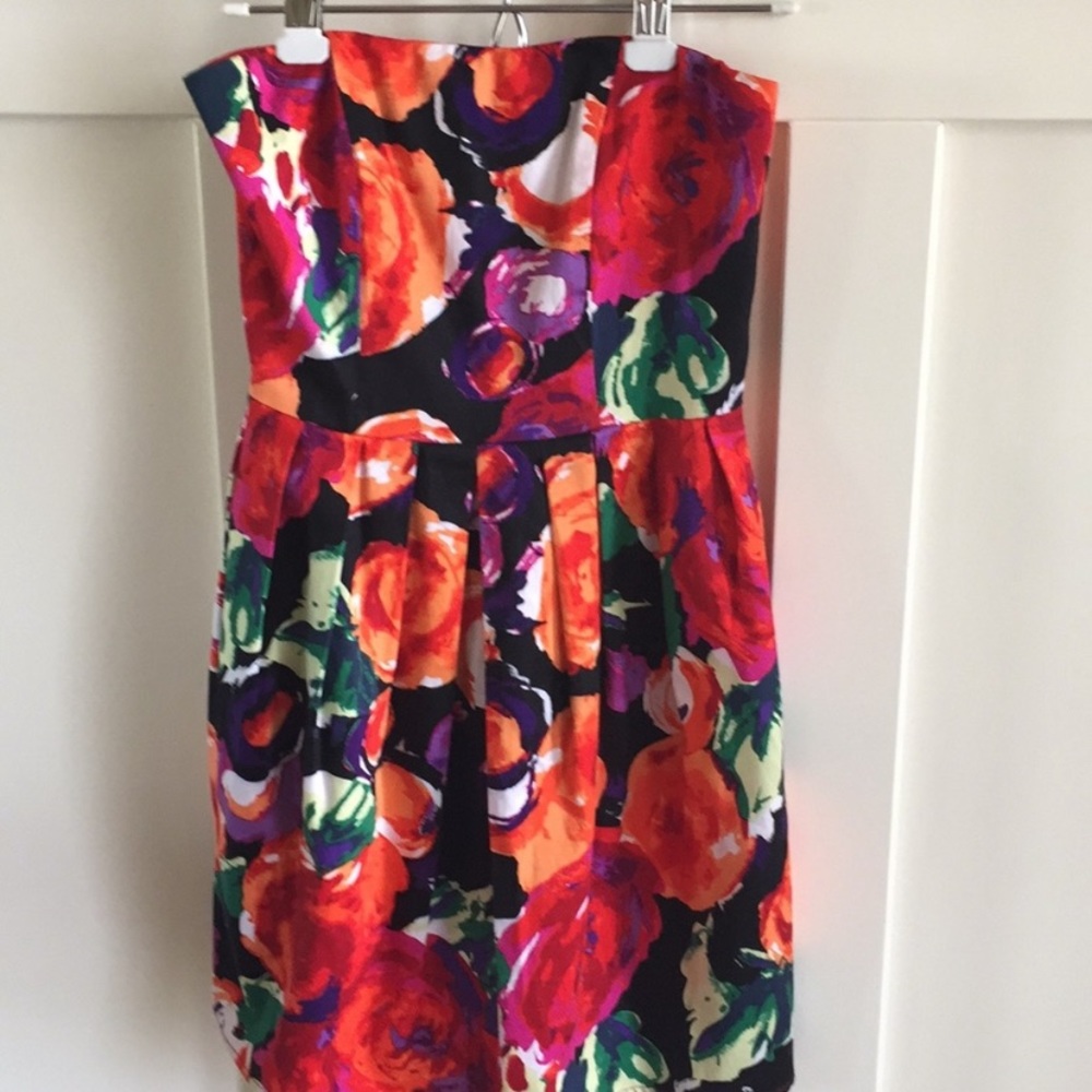 Francesca’s red strapless floral watercolor dress